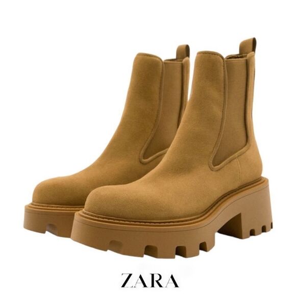 ZARA | Brown | SPLIT LEATHER LUG SOLED ANKLE BOOTS - Picture 1 of 7